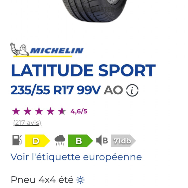 
            235/55R17 Michelin Latitude sport
    

                        99
        
                    V
        
    
    4x4 SUV

