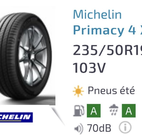 
            235/50R19 Michelin Primacy 4 XL
    

                        103
        
                    V
        
    
    4x4 SUV

