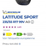 
            235/55R17 Michelin Latitude sport
    

                        99
        
                    V
        
    
    4x4 SUV

